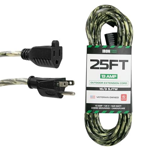 Iron Forge Cable Camo Outdoor Extension Cord 25 ft, 16/3 SJTW 25 Foot Camoflauge Exterior Extension Cord 3 Prong, Weatherproof Heavy Duty Power Cable for Outside, Deck, Landscaping, Lawn & Hunting - color: Camouflage, size: 25 FT