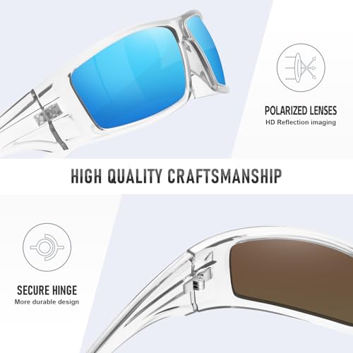Polarized Sports Sunglasses for Men Women Unbreakable Frame Cycling Fishing Wrap Around Sunglasses UV400 Protection - color: 1-clear Frame/Blue Mirror Lens