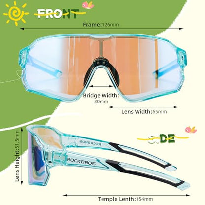 ROCKBROS Photochromic Sports Kids Sunglasses For Boys Girls Children Youth MTB Biking Sunglasses for Kids Ages 8 to 14 - color: Green