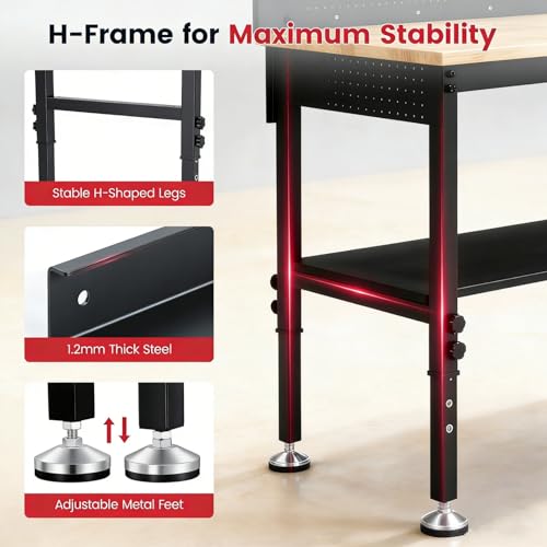 ENJOYWOOD 60'' Heavy Duty Workbench 3000 LBS Load Capacity Adjustable Height Garage Work Bench with Pegboard, Storage Shelf, Power Outlets and LED Light - size: XXXXX-Large