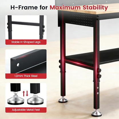 ENJOYWOOD 60'' Heavy Duty Workbench 3000 LBS Load Capacity Adjustable Height Garage Work Bench with Pegboard, Storage Shelf, Power Outlets and LED Light - size: XXXXX-Large