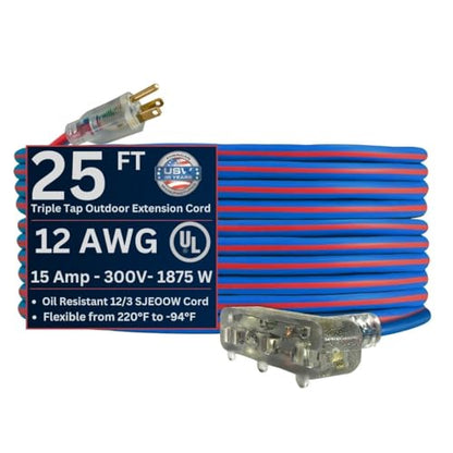US Wire and Cable 12/3 Gauge x 25-Foot Extreme Cold Weather Triple Tap Extension Cord – Heavy-Duty, 221°F to - 94°F Rating, Lighted Plug, SJEOOW, Weather-Resistant, Ideal for Outdoor Use - size: 25 ft, style: 12 AWG