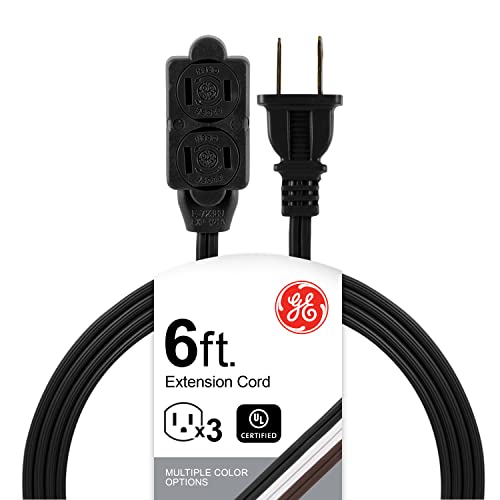 GE 6 Ft Extension Cord, 3 Outlet Power Strip, 2 Prong, 16 Gauge, Twist-to-Close Safety Outlet Covers, Indoor Rated, Perfect for Home, Office or Kitchen, UL Listed, Black, 45148 - color: Black, size: 6 Ft