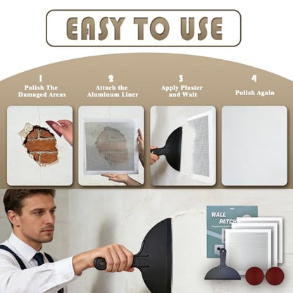 Drywall Repair Kit, 3 Pcs, 12x12in Self-Adhesive Patch for Large Holes and Cracks, with Sandpapers and Scrapers, Quick Fix for Ceiling and Bathroom Wall Damage