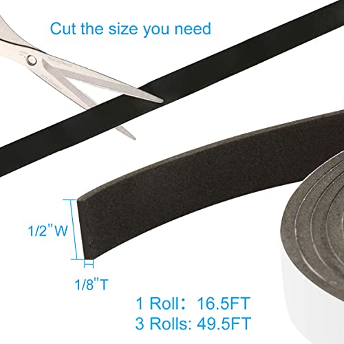 Seal Foam Tape,1/2 Inch W x 1/8 Inch T Weather Stripping for Door and Window,High Density Single Sided Closed Cell Door Insulation Weather Strip, 3 Rolls Total 50FT Black - size: 1/2"w X 1/8"t X 50ft