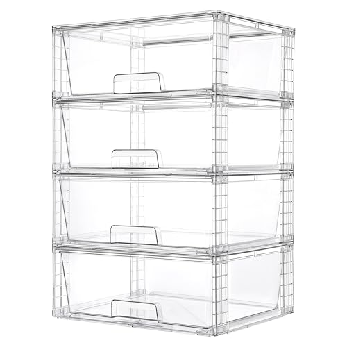 Vtopmart 4 Pack Large Stackable Storage Drawers,Easily Assemble Clear Acrylic Bathroom Closet Undersink Organizers,Plastic Storage Bins for Cabinet,Kitchen Pantry,Medicine Organization