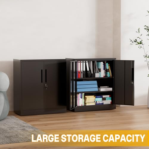 Metal Storage Cabinet, 35" Garage Storage Cabinet with 2 Adjustable Shelves & Lockable Doors, Black Garage Cabinets for Office, Home, Garage, Gym, School - size: 35" H X 15.8" D X 32" W