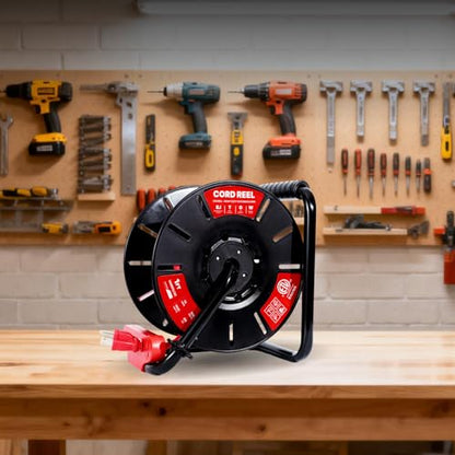 1ft Cord Reel, Retractable Extension Lead with Winding Handle, Safety Overload Circuit Breaker and Power Switch, 4x Grounded Outlets, 13amps, 14AWG Cable