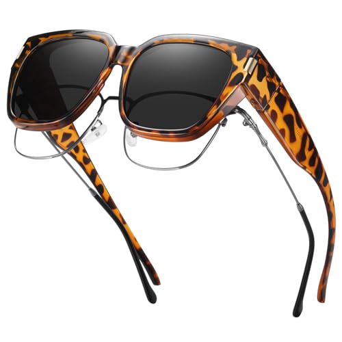 HAOLOTA Polarized Fit Over Glasses Sunglasses for Women Men Trendy Square Wrap Around Shades UV Protection - color: L Size 09 Brown Tortoise/Grey