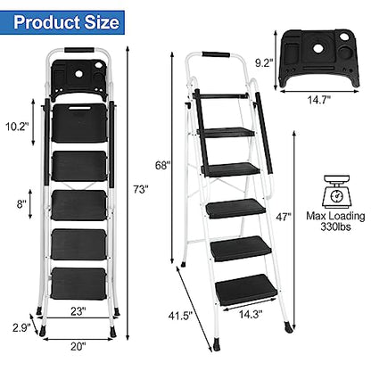 BLACKHORSE-RACING 5 Step Ladder with Handrails & Tool Tray Platform, 330 lbs Folding Step Stool Ladder, Portable Steel Ladder for Kitchen Pantry Home Office Library, White