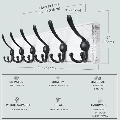 Dseap Coat Rack Wall Mounted - 24" Long 6 Tri Hooks, Heavy Duty Wooden Wall Coat Hanger Coat Hook for Clothes Hat Jacket Clothing, White and Black, Pack of 2 - color: White & Black, size: L=24"