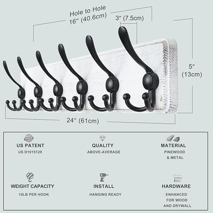 Dseap Coat Rack Wall Mounted - 24" Long 6 Tri Hooks, Heavy Duty Wooden Wall Coat Hanger Coat Hook for Clothes Hat Jacket Clothing, White and Black, Pack of 2 - color: White & Black, size: L=24"