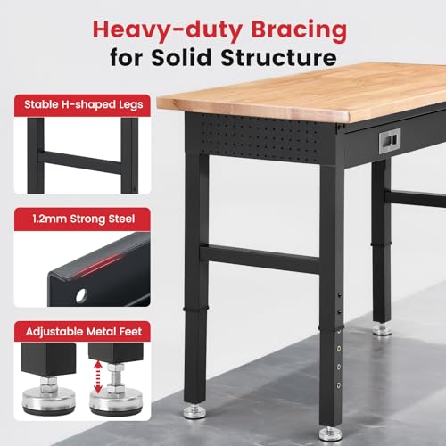 ENJOYWOOD 48" Adjustable Height Workbench with Drawers, Rubberwood Top, Pegboard & Power Outlets, Heavy Duty Work Table for Garage, Workshop & Home - size: XX-Small