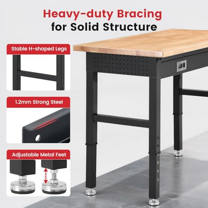 ENJOYWOOD 48" Adjustable Height Workbench with Drawers, Rubberwood Top, Pegboard & Power Outlets, Heavy Duty Work Table for Garage, Workshop & Home - size: XX-Small