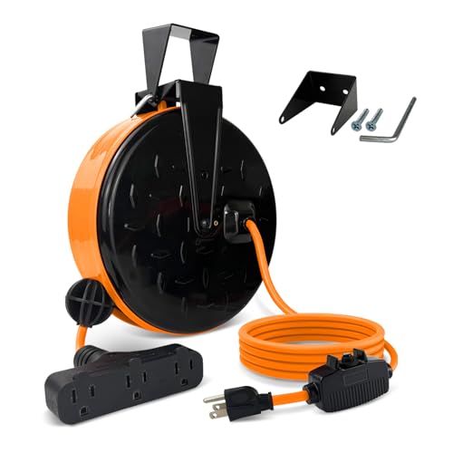 EP 30 Ft Retractable Extension Cord Reel, 16/3 SJTW Power Cord with 3 Electrical Outlets, Ceiling or Wall Mount, 10 Amp Circuit Breaker, Metal Plate, UL Listed, Orange - color: Orange&black