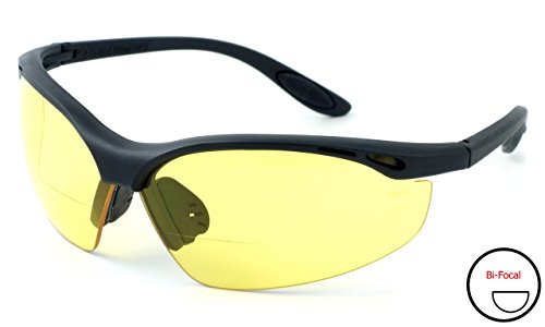 Calabria Rhino R91348 Anti Fog Bifocal Reading Safety Glasses Readers Wrap Around Eye Protection Eyewear w/Camouflage Pouch - color: Yellow, size: 2.00