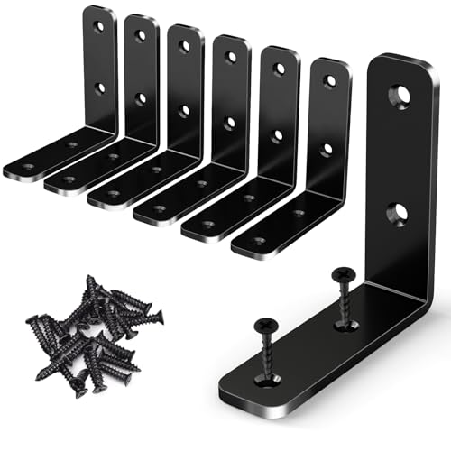 YUMORE L Bracket Corner Brace, 6Pcs 65x65mm Joint Right Angle Brackets Heavy Duty Stainless Steel 90 Degree Bracket Fastener for Wood Shelves Chair Tables Dressers Furniture with Screws, Black - color: Black, size: 2.56"x2.56"