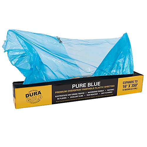 Dura-Gold 16' x 350' Pure Blue Protective Masking Film Cover - Overspray Paintable Sheeting Roll, Painters Plastic (10 Micron, .4 Mil) - Plastic Painting Protection for Auto & Household Paint Covering - size: 16' x 350'