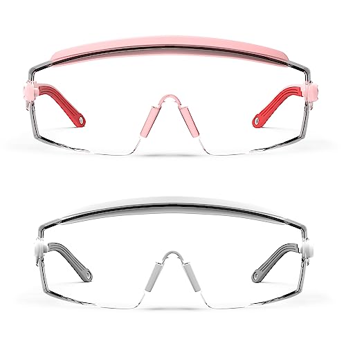 Anti Fog Safety Glasses Safety Goggles Over Glasses Protective Glasses with Anti Scratch Lenses Adjustable - color: 2 Pack (Pink + White)