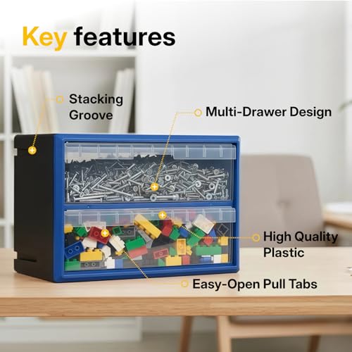 NORTHSKY 2-Drawer Plastic Storage Drawers, Small Parts Organizer, Stackable Teacher Toolbox for Hardware, Screws, Nuts & Bolts, Stickers, Beads, Building Bricks, Garage Storage，14.17 × 7.09 × 9.45 - size: 2 Drawer