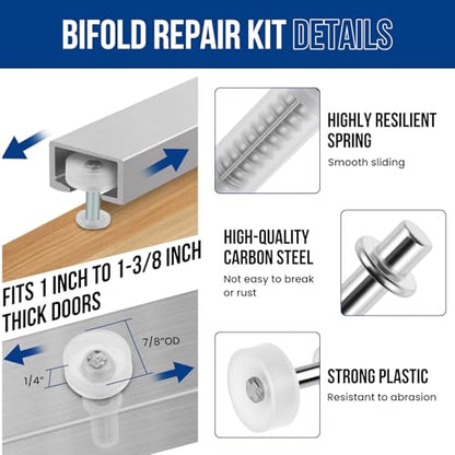 8 Pcs 3/8" Bi-Fold Door Top Roller Hardware Set, Bifold Closet Spring Loaded Top Pivots and Guide Wheels Repair Kit for Closet, Folding, Shower, Pocket & Accordion Doors