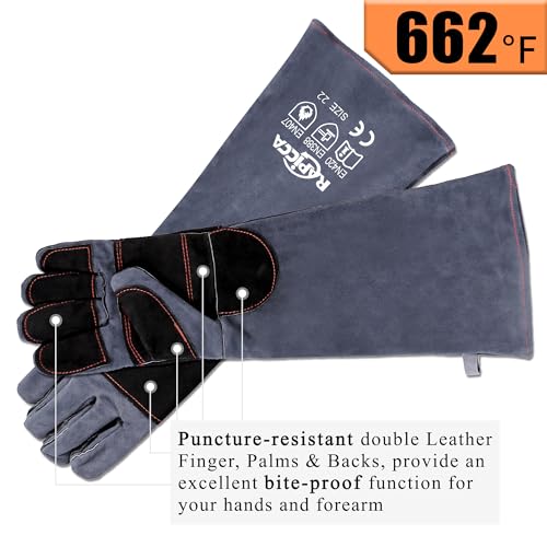 RAPICCA Animal Handling Gloves Bite Proof Reinforced Leather Padding Dog,Cat Scratch,Bird Handling Falconry Gloves Grabbing,Reptile Squirrel Snake Bite 22in Grey-Black - style: 22 Inches