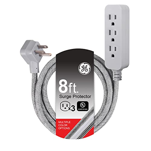 GE Pro 3 Outlet Surge Protector Power Strip, 8 Ft Designer Braided Extension Cord, Flat Plug, Wall Mount, Heather Gray, 45916 - color: Gray, size: 8 ft | 1 Pack