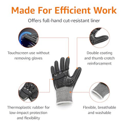 Amazon Basics Impact Protection Work Gloves - Cut Level A2, ANSI Level 4 Abrasion, Touchscreen Compatible, 15G Sandy Nitrile Palm, X-Small, Black with White Edge - size: X-Small