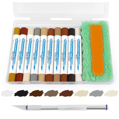 Wood Filler Sticks with 1P Box, 1P Knife, 1P Scraper and 1P Rag, Pletpet 10 Colors Furniture Crayon Touch Up Wood Filler Nail Hole Wax Sticks for Repairing Scratches and Nail Holes (10p) - size: 10p