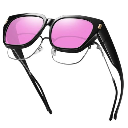 HAOLOTA Polarized Fit Over Glasses Sunglasses for Women Men Trendy Square Wrap Around Shades UV Protection - color: L Size 16 Black/Pink