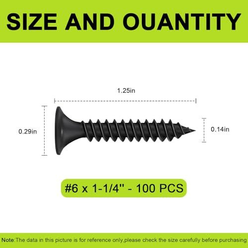 #6 x 1-1/4" Black Wood Screws -100Pcs, Phillips Head Fast Flat Self-Tapping Screw, Coarse Thread Drywall Screws, Carbon Steel, for Wood Plastic&Drywall - color: #6 x 1-1/4" -100 Pcs