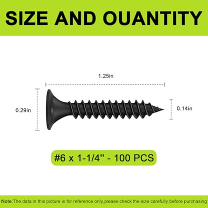 #6 x 1-1/4" Black Wood Screws -100Pcs, Phillips Head Fast Flat Self-Tapping Screw, Coarse Thread Drywall Screws, Carbon Steel, for Wood Plastic&Drywall - color: #6 x 1-1/4" -100 Pcs