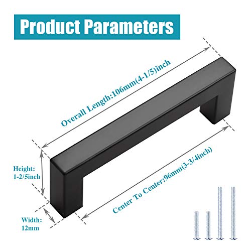 KNOBWELL 6 Pack Black Kitchen Cabinet Pulls, 3-3/4 inch Hole Center Black Square Stainless Steel Dresser Drawer Pulls 4-1/5" Length - color: Matte Black, size: Hole Center:3-3/4 Inch(96mm)