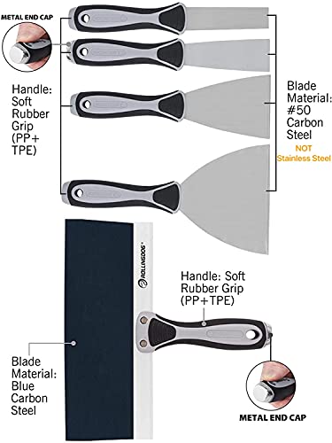 ROLLINGDOG 5 PC Putty Knife Set with Drywall Mud Pan-1", 3" and 5" Spackle Knife, 1.5" Chisel Scraper, 10" Taping Knife with 14.2" x 4" x 3.5" Mud Pan for Drywall Repair