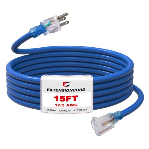 EP 15 Ft Outdoor Extension Cord, 12/3 SJTW Heavy Duty Waterproof Power Cable, 3 Prong Grounded Plug, Lighted End, for Lawn, Garden, Appliances, Blue - color: Blue, size: 15ft
