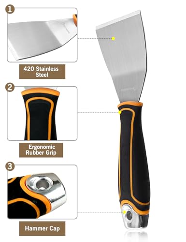 ROLLINGDOG 3 Inch Stainless Steel Paint Scraper - Bent Blade Putty Knife & Chisel Scraper for Wallpaper Removal, Floor Stripping, Carpet Trim – Ergonomic Handle with Hammer Cap - color: 3" Bent Scraper