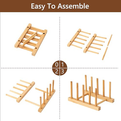 HBlife 4pcs Bamboo Dish Plate Bowl Cup Book Pot Lid Cutting Board Drying Rack Stand Drainer Storage Holder Organizer Kitchen Cabinet（Keep Dry） - color: Bamboo 4 Slots 4pcs