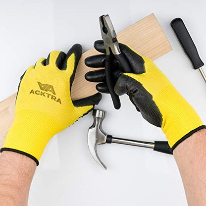 ACKTRA Ultra-Thin PU Safety WORK GLOVES 12 Pairs, WG002 Yellow/Black, Small - color: Yellow/Black, size: Small (Pack of 12)