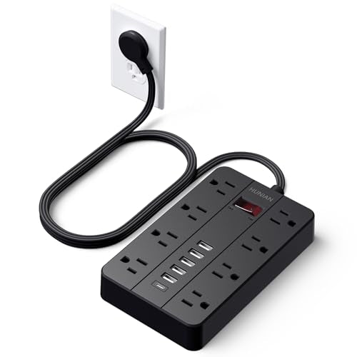 Power Strip with USB Ports, HUNIAN 5 Ft Extension Cord Flat Plug with 8 Outlets, 6 USB Charger(1 USB C Port), Indoor Desk Charging Station Surge Protector for Home and Office Accessories, Black - color: Black, size: 5FT