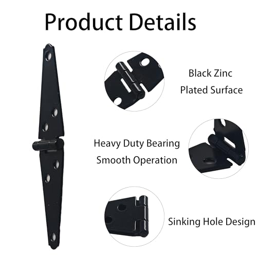 6Pcs 3-Inch Heavy Duty Iron Strap Hinges, Matte Black Gate Tee Hinges for Shed, Fence, Cabinet, Wood Gate Applications with Mounting Screws - size: 3 Inch