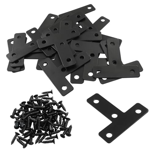 Bivethoi 20 Pcs T Shape Flat Mending Plates 50mm x 50mm (2" x 2") T Corner Braces T Bracket Connector Fixing Repair Plates for Wood Furniture, Cabinet, Windows, Black - size: 50x50mm/2"x2", style: T shape