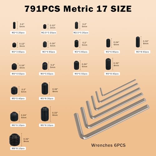 791PCS Set Screws, 17Sizes Metric Set Screw Assortment Kit, M2/2.5/3/4/5/6/8 12.9 Alloy Steel Black Grub Set Screws, Internal Hex Drive Cup-Point Screws for Bathroom Fixtures, Door Handles - size: 791PCS 17Size Metric