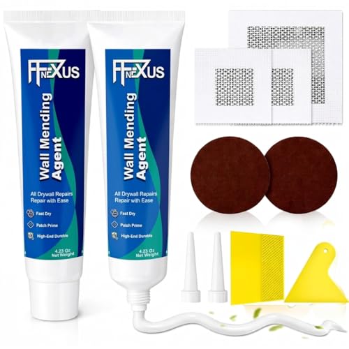 Drywall Repair Kit – 2 × 4.23 oz Fast Dry Putty Tubes with 2×2″ & 4×4″ Wall Patch Mesh, Dual Scrapers & 2 Sandpapers | Quick-Dry Spackle & Sheetrock Crack Filler for Wall, Ceiling & Plaster Repair - color: 2 Tubes & 3 Wall Patches
