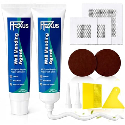 Drywall Repair Kit – 2 × 4.23 oz Fast Dry Putty Tubes with 2×2″ & 4×4″ Wall Patch Mesh, Dual Scrapers & 2 Sandpapers | Quick-Dry Spackle & Sheetrock Crack Filler for Wall, Ceiling & Plaster Repair - color: 2 Tubes & 3 Wall Patches