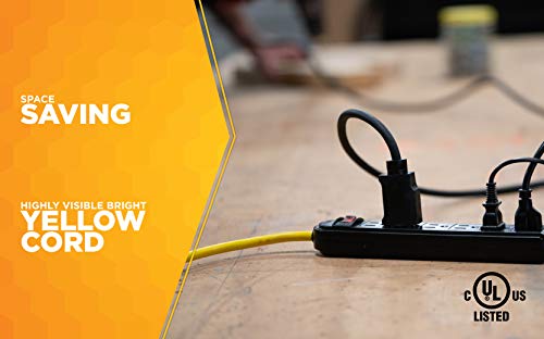 Woods 4666 Grounded 6-Outlet Workshop Power Strip, Black, with 8-Foot Yellow Cord,