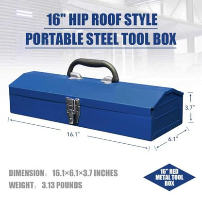 16inches Portable Tool Box, Metal Tool Box, 4 Non-Slip Foot Pads, Ideal for Trailer, Mechanic, DIY-ers, Car Toolbox, Workshops, Garages, Repair Shops,Blue - size: 1P-16in-Blue
