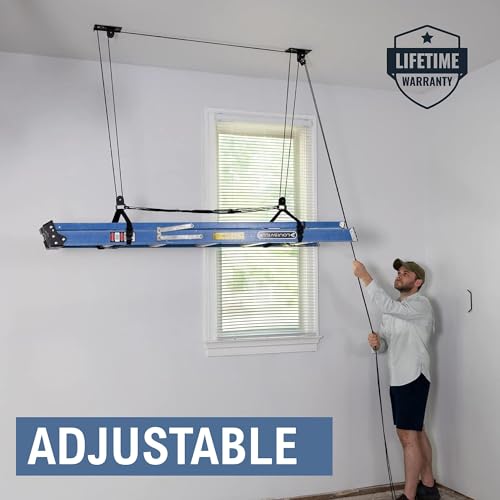 StoreYourBoard Ladder Storage Ceiling Pulley System, Garage Mount Hoist, Heavy Duty Hanging Organizer Holds 150 lbs - size: 8 Ft - 10 Ft Ceiling