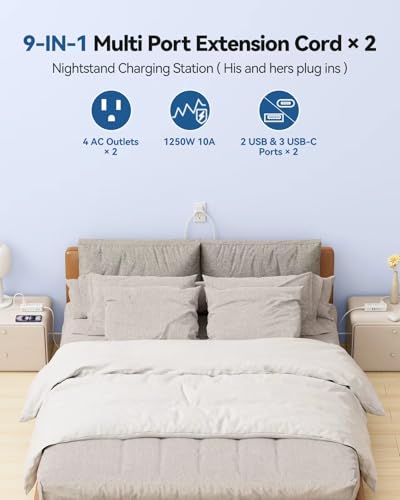 PD30W Split Extension Cord 10FT (5FT on Each Side), Single Flat Plug Twin Extension Cord with 4 AC Outlets, 2 USB-A & 3 USB-C, Nightstand Charging Station for Bedroom, His and Hers - size: 5ft (Pd)