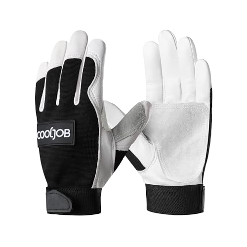 COOLJOB Sheep Skin Leather Garden Gloves with Abrasion Resistant Grip, Thorn Puncture Proof Work Gloves for Landscaping, M-XL - size: Large