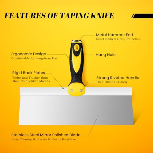Mister Rui 12" Stainless Steel Taping Knife, Drywall Knife with Soft Grip Handle, Spackle Knife, Plastering Tool, Corrosion-Resistant Tools for Drywall Joint Taping